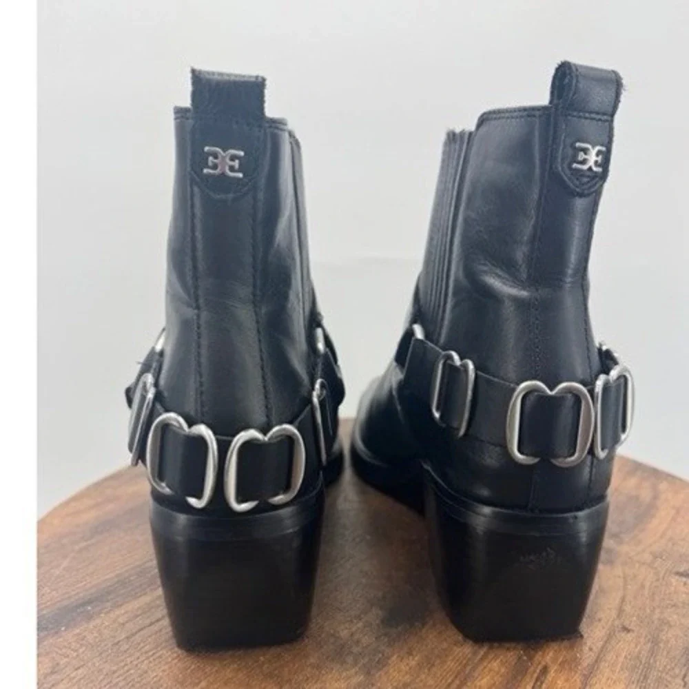 Sam Edelman Womens Black Leather Harness Ankle Bootie SZ 11 Square Toe Moto